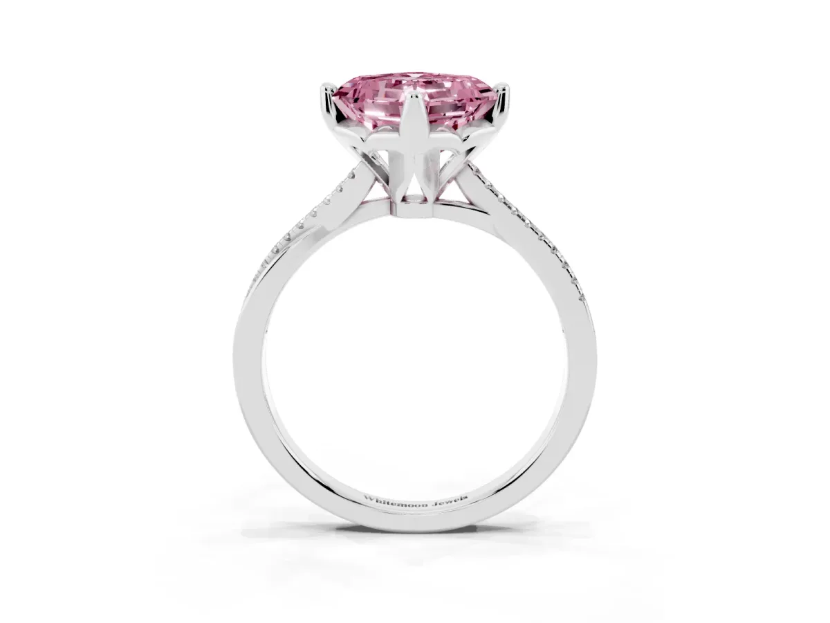Fancy Pink Asscher Cut Solitaire Twist Band with Pavé Diamonds and Four-Prong Setting White gold