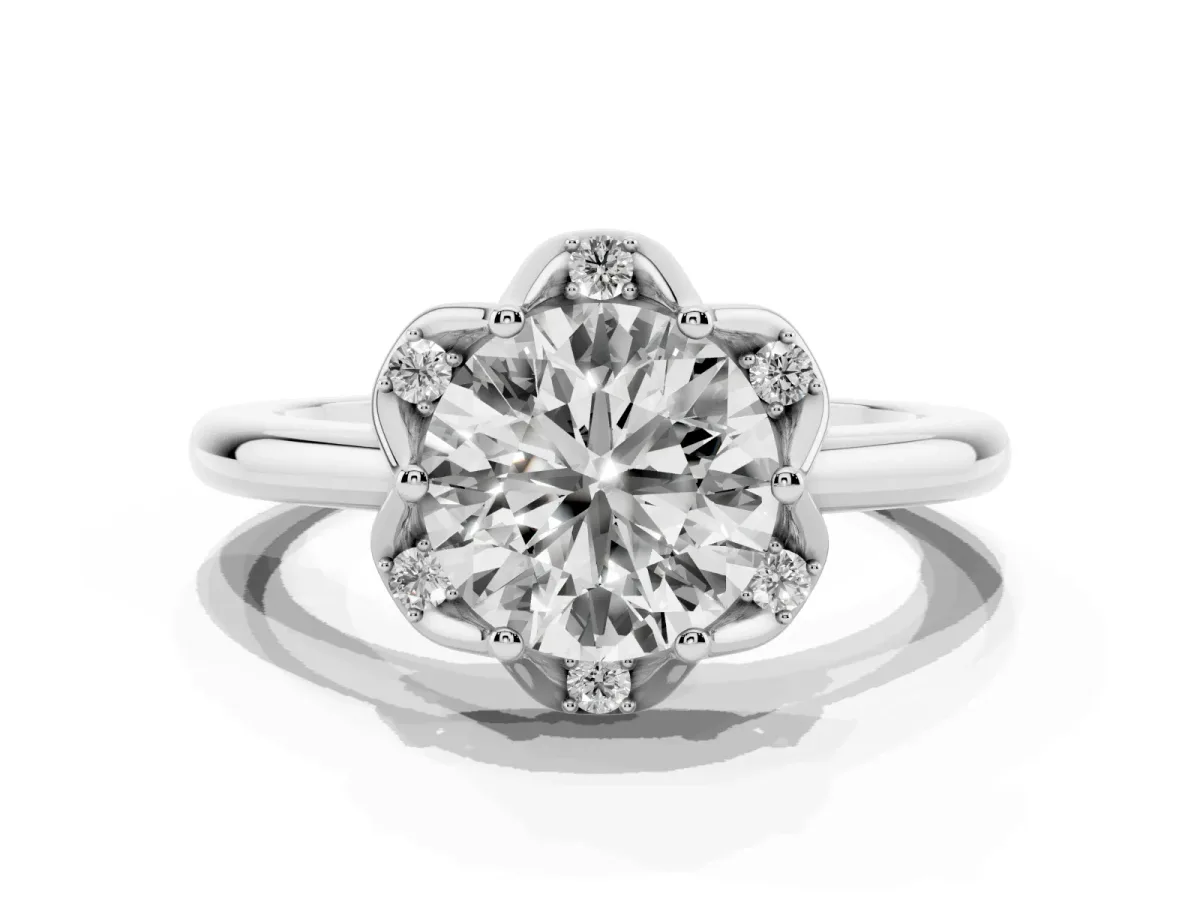 Round Cut Halo Diamond Ring with Round Cluster Setting, Solitaire Band, and Four-Prong Setting Silver