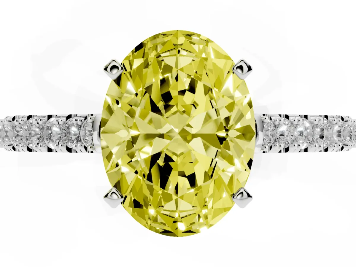 Fancy Yellow Oval Cut Cut Solitaire Diamond Engagement Ring with Pave Band and Four-Prong Setting Platinum