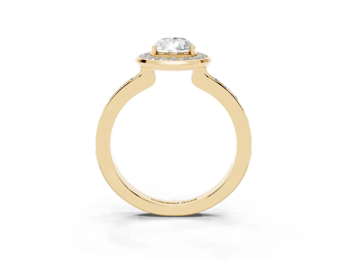 Pear Cut Diamond Halo Ring with Bezel Frame and Pavé Band Yellow gold