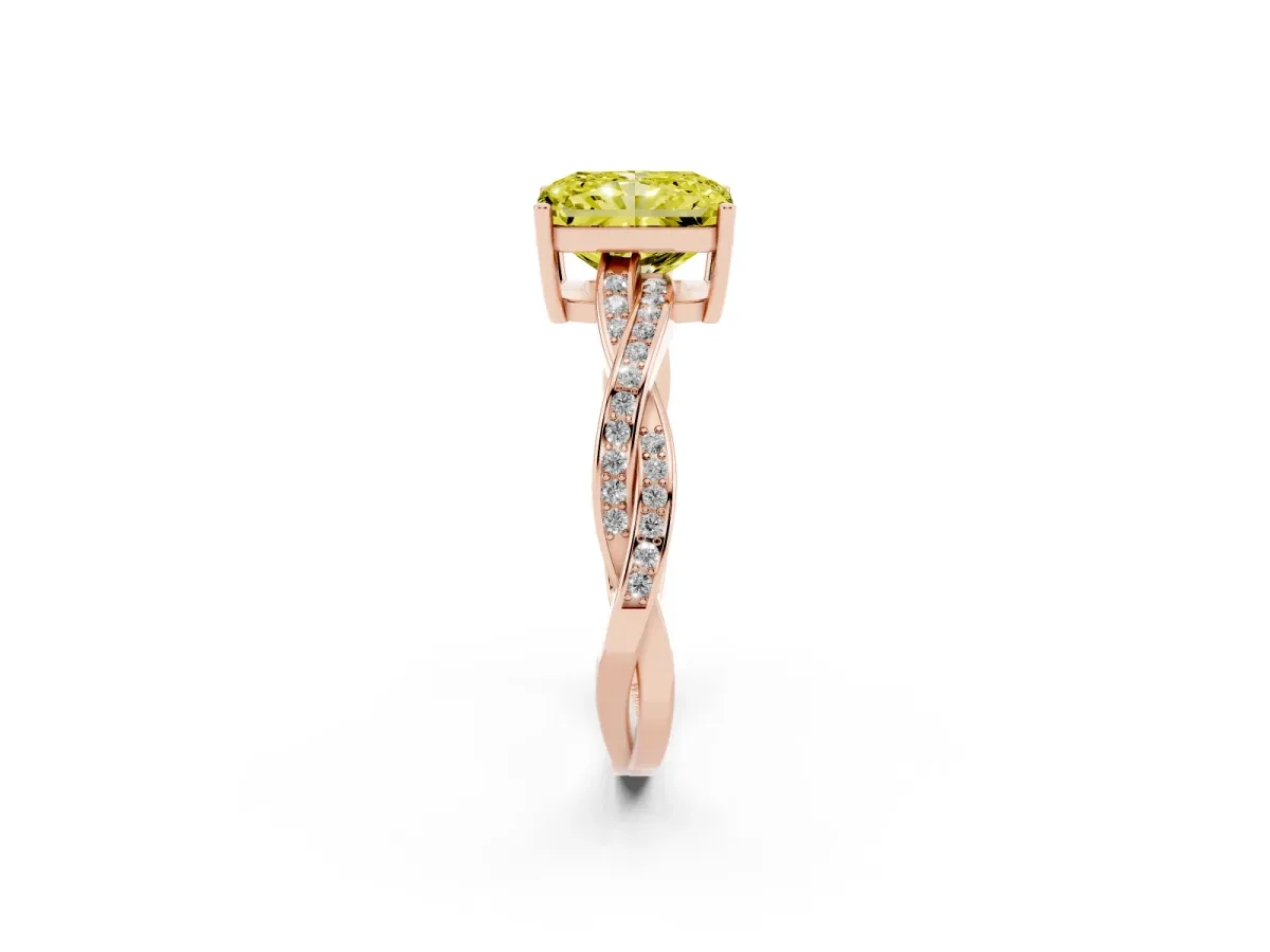 Fancy Yellow Radiant Cut Solitaire Twisted Pave Diamond Ring with Four-Prong Setting Rose gold