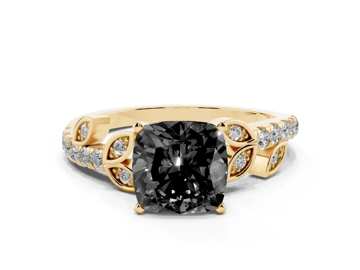 Fancy Black Cushion Cut Solitaire Leaf-Inspired Diamond Ring with Pavé Band and Four-Prong Setting Yellow gold