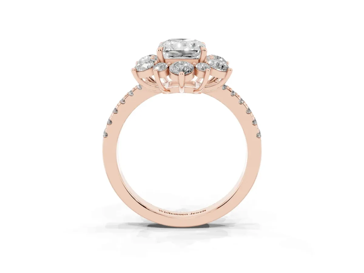 Radiant Cut Diamond Floral Halo Ring with Round Pavé Band and Prong Setting Rose gold
