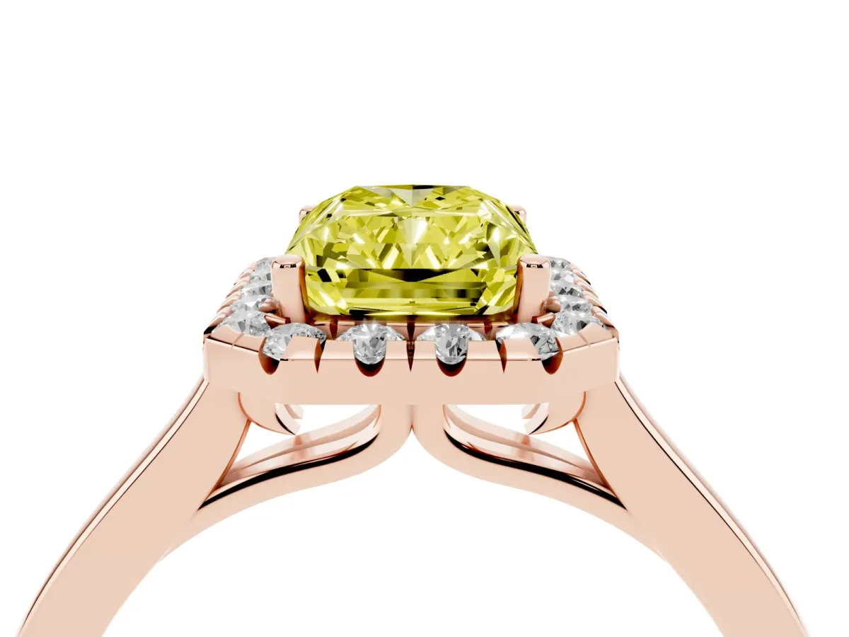 Fancy Yellow Radiant Cut Halo Round Diamond Solitaire Ring with Pavé Band and Four-Prong Setting Rose gold
