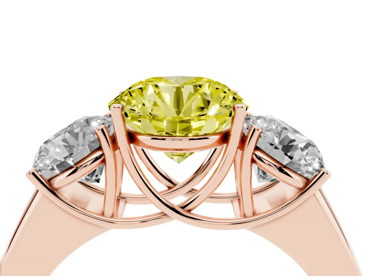 Fancy Yellow Three-Stone Round Cut Cut Diamond Ring with Prong Setting and Classic Band Rose gold