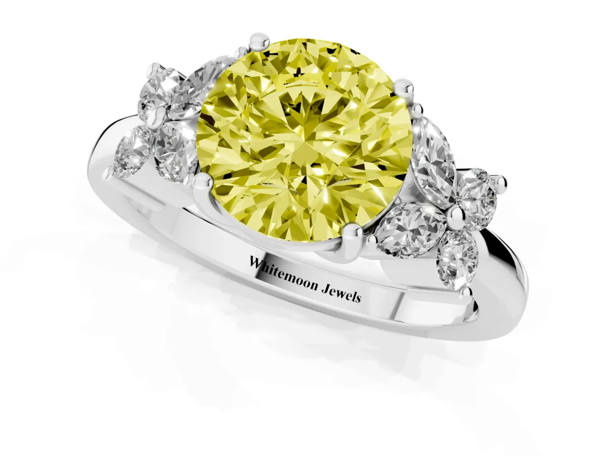 Fancy Yellow Round Cut Diamond Floral Cluster Ring with Solitaire Band and Prong Setting Platinum