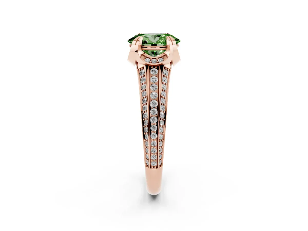 Fancy Green Oval Cut Solitaire Pave Split Shank Ring with Four-Prong Setting Rose gold