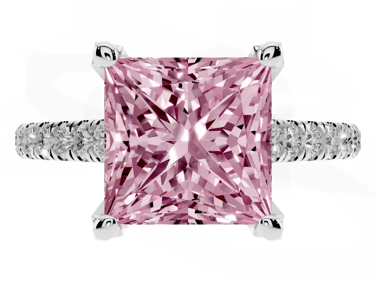 Fancy Pink Princess Cut Brilliant Diamond Solitaire with Pavé Band and Four-Prong Setting Silver