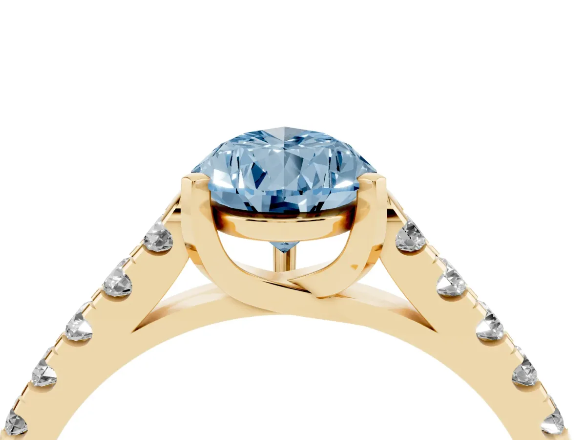 Fancy Blue Pear Cut Diamond Pavé Band Solitaire Ring with Prong Setting Yellow gold