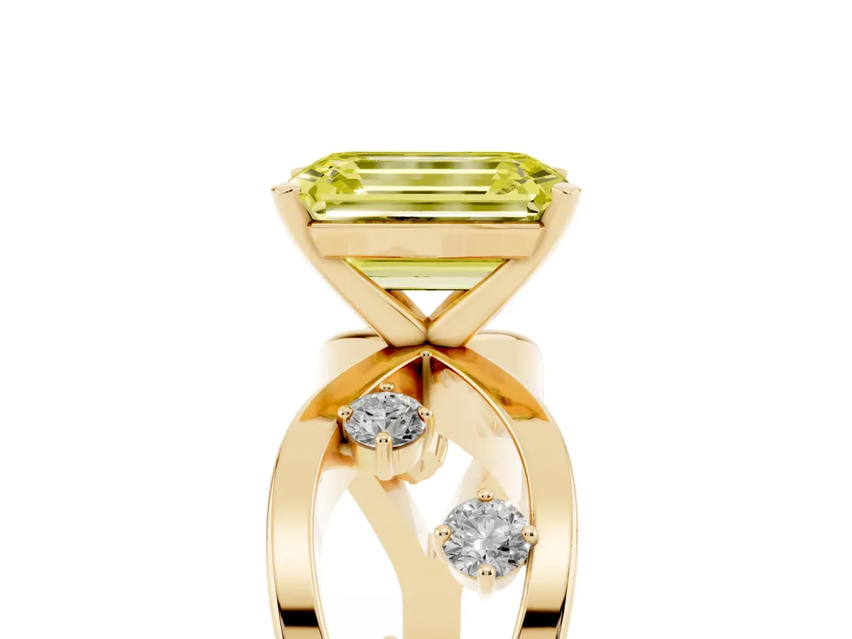 Fancy Yellow Emerald Cut Cut Solitaire Diamond with Side Stones on Criss-Cross Band and Four-Prong Setting Yellow gold