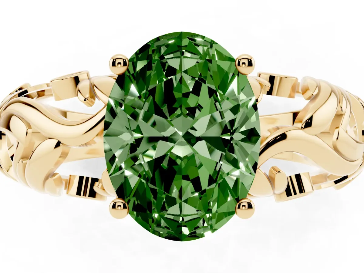 Fancy Green Oval Cut Solitaire Diamond Leaf-Inspired Vine Band Ring with Prong Setting Yellow gold