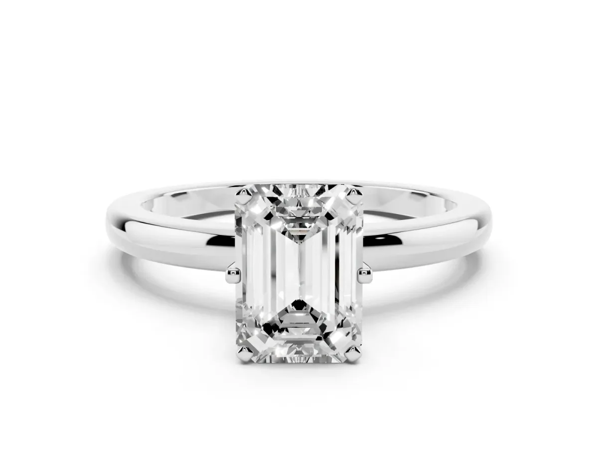 Emerald Cut Solitaire Diamond Ring with Six-Prong Setting on a Classic Band Silver
