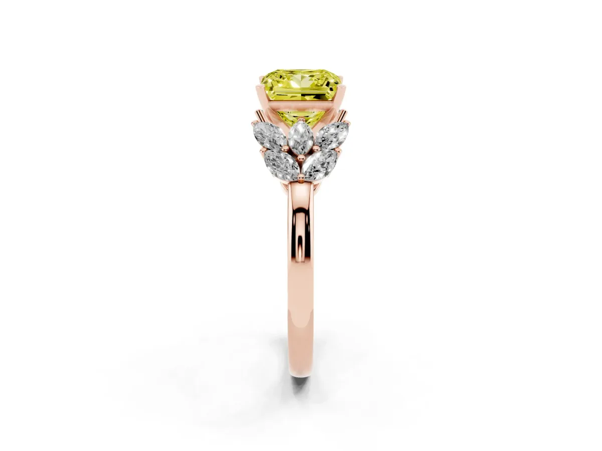 Fancy Yellow Princess Cut Diamond Cluster Leaf Design Ring with Prong Setting Rose gold