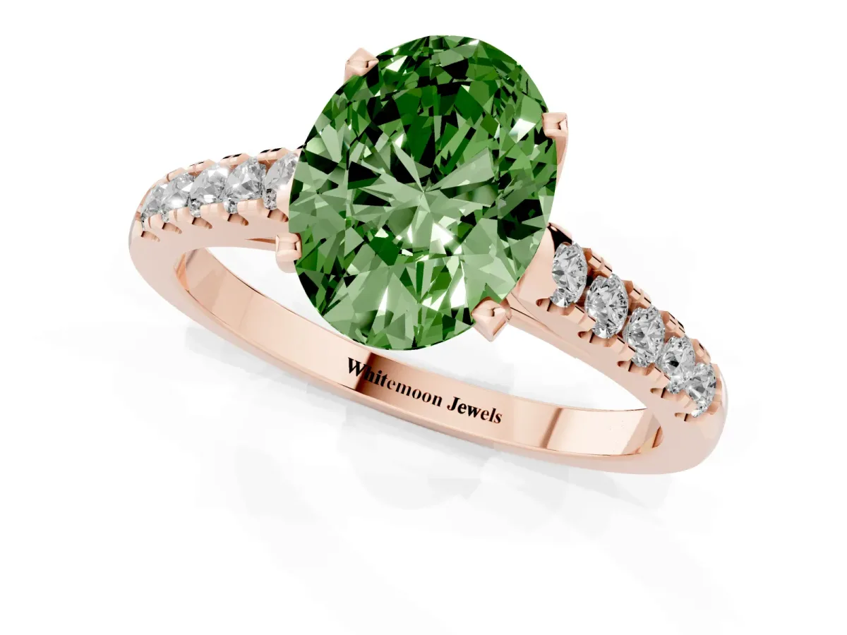Fancy Green Oval Cut Diamond Pavé Band Solitaire Ring with Prong Setting Rose gold