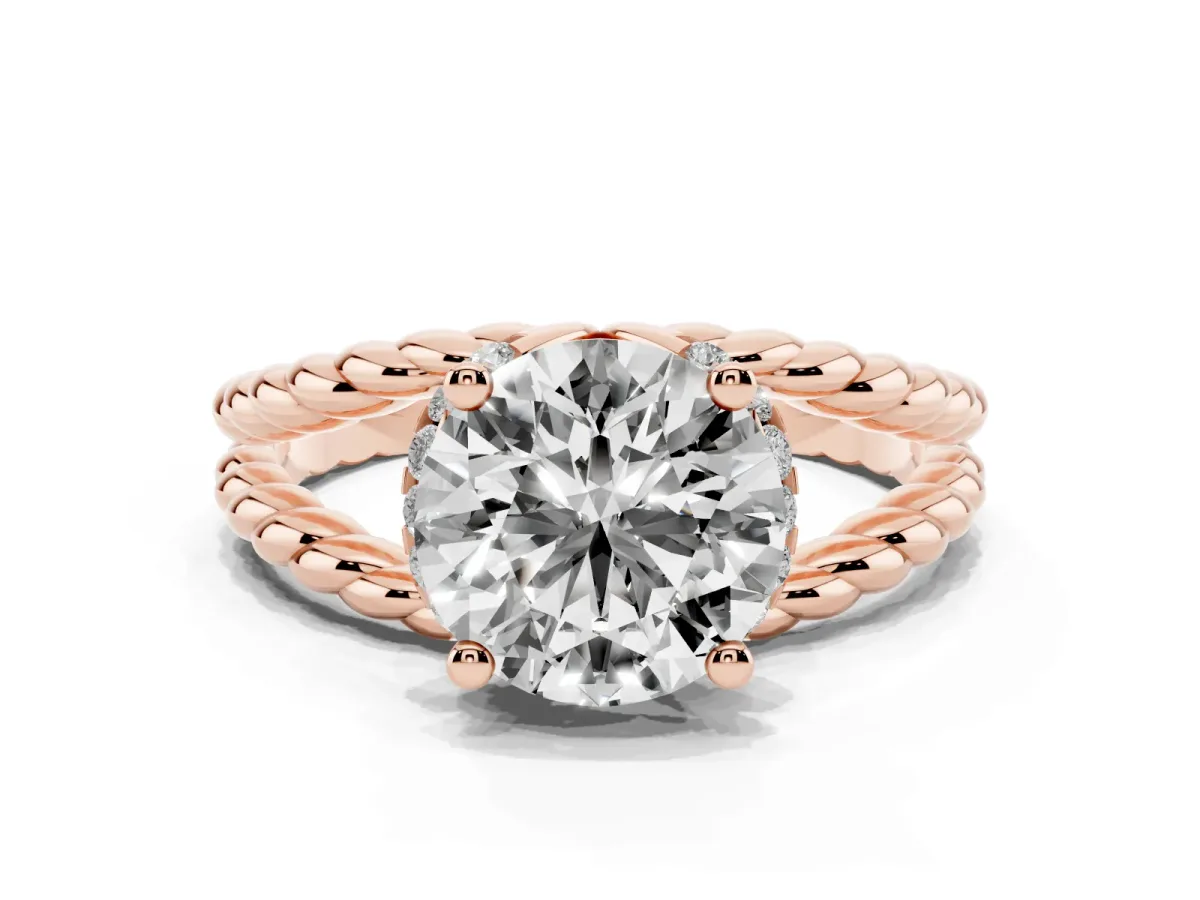 Round Cut Halo Twisted Band Four-Prong Ring Rose gold
