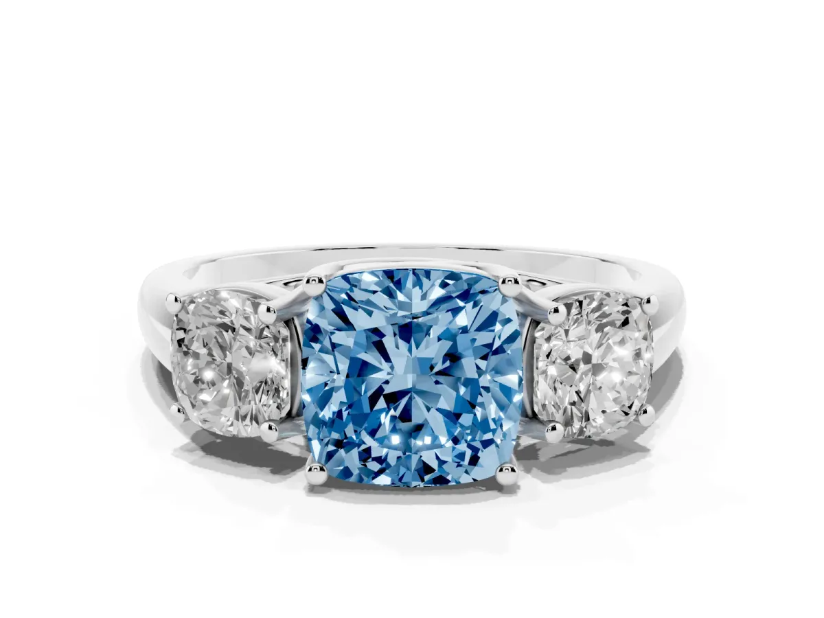 Fancy Blue Three-Stone Cushion Cut Diamond Engagement Ring with Prong Setting White gold