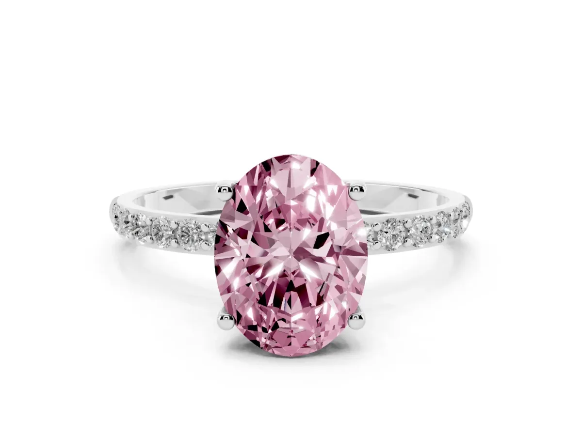 Fancy Pink Oval Cut Diamond Solitaire Ring with Round Pavé Shoulders and Prong Setting Silver