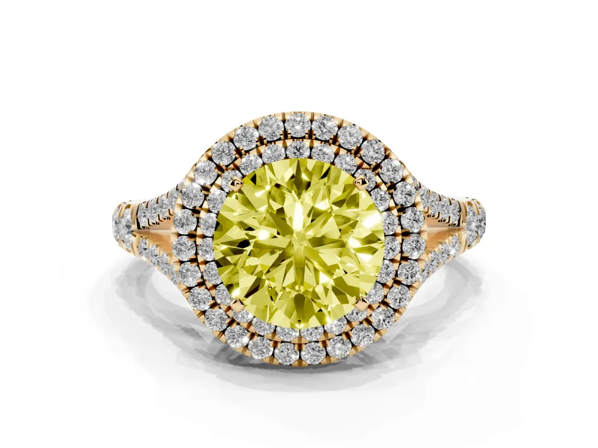 Fancy Yellow Round Cut Diamond Pavé Split Shank Double Halo Engagement Ring Yellow gold