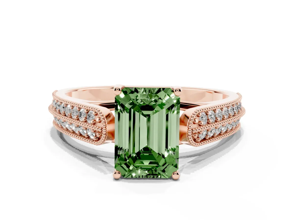 Fancy Green Emerald Cut Cut Pave Split Shank Engagement Ring with Four-Prong Setting Rose gold