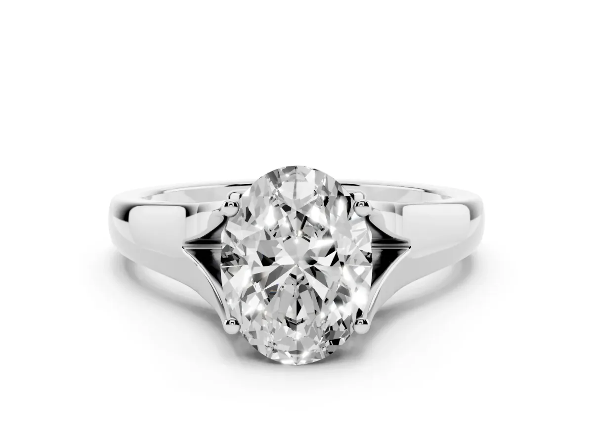 Oval Cut Solitaire Diamond Ring with Cathedral Band and Four-Prong Setting Silver