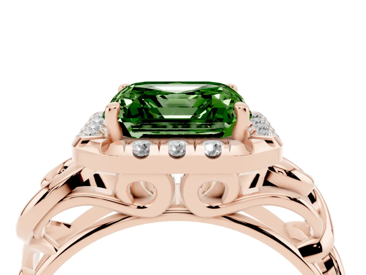 Fancy Green Asscher Cut Cut Halo Diamond Ring with Scrollwork Band and Four-Prong Setting Rose gold