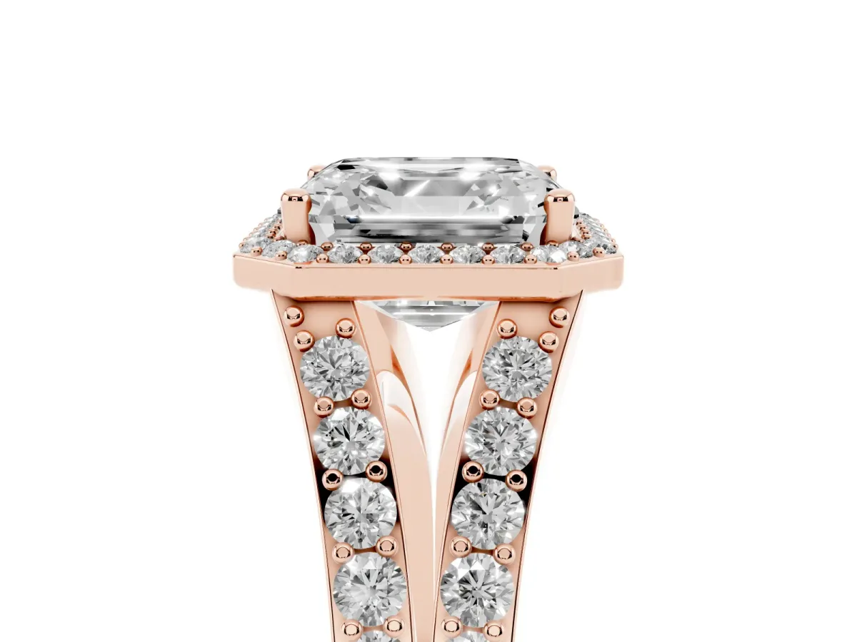 Asscher Cut Diamond Split Shank Halo Ring with Four-Prong Setting Rose gold