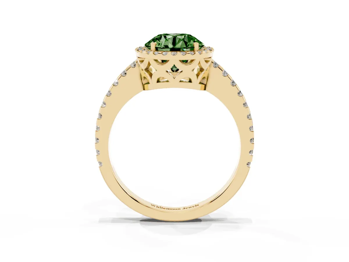 Fancy Green Round Cut Diamond Halo Engagement Ring with Pavé Band and Prong Setting Yellow gold