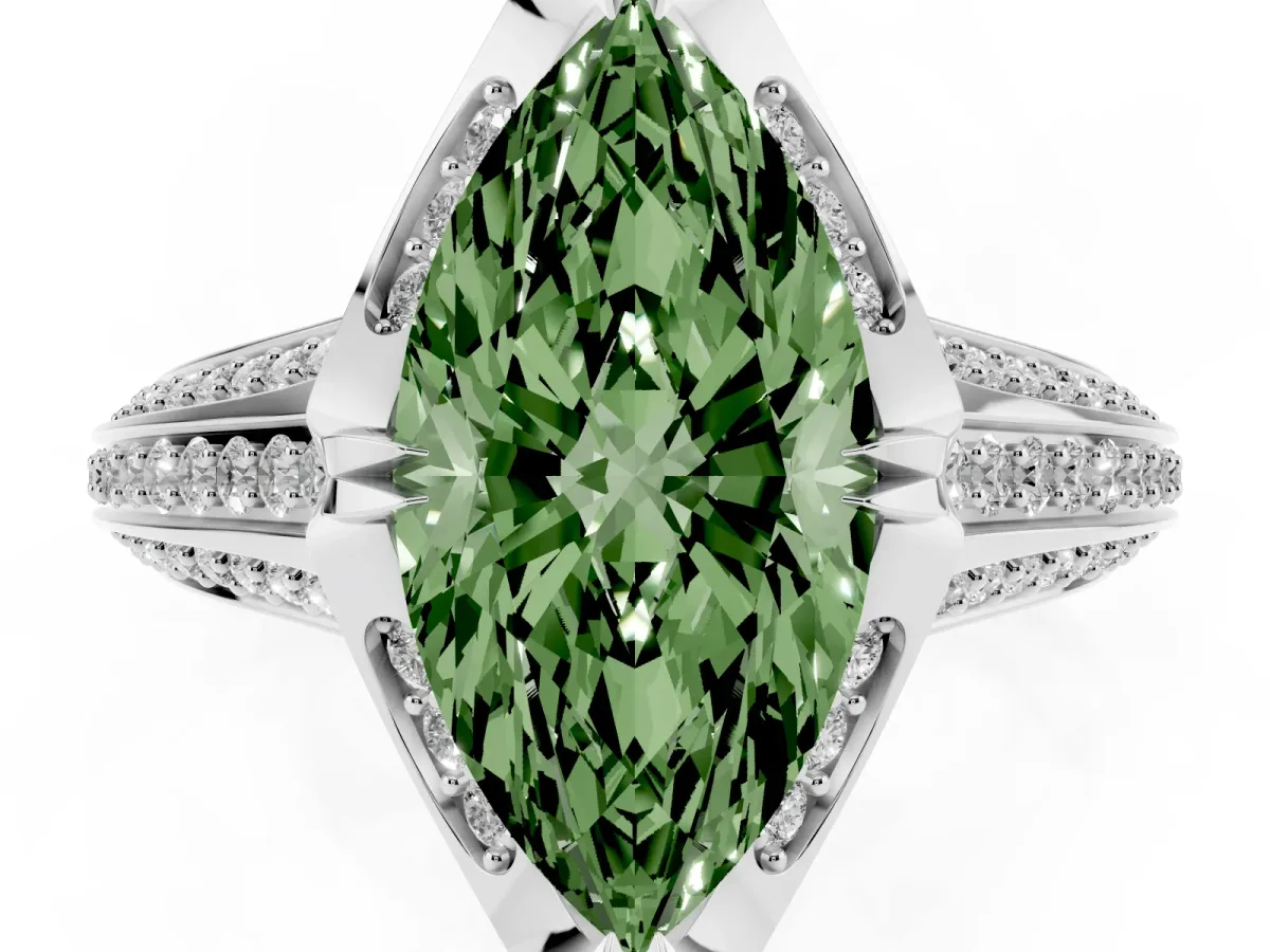 Fancy Green Marquise Cut Solitaire Pave Split Shank Ring with Four-Prong Setting White gold