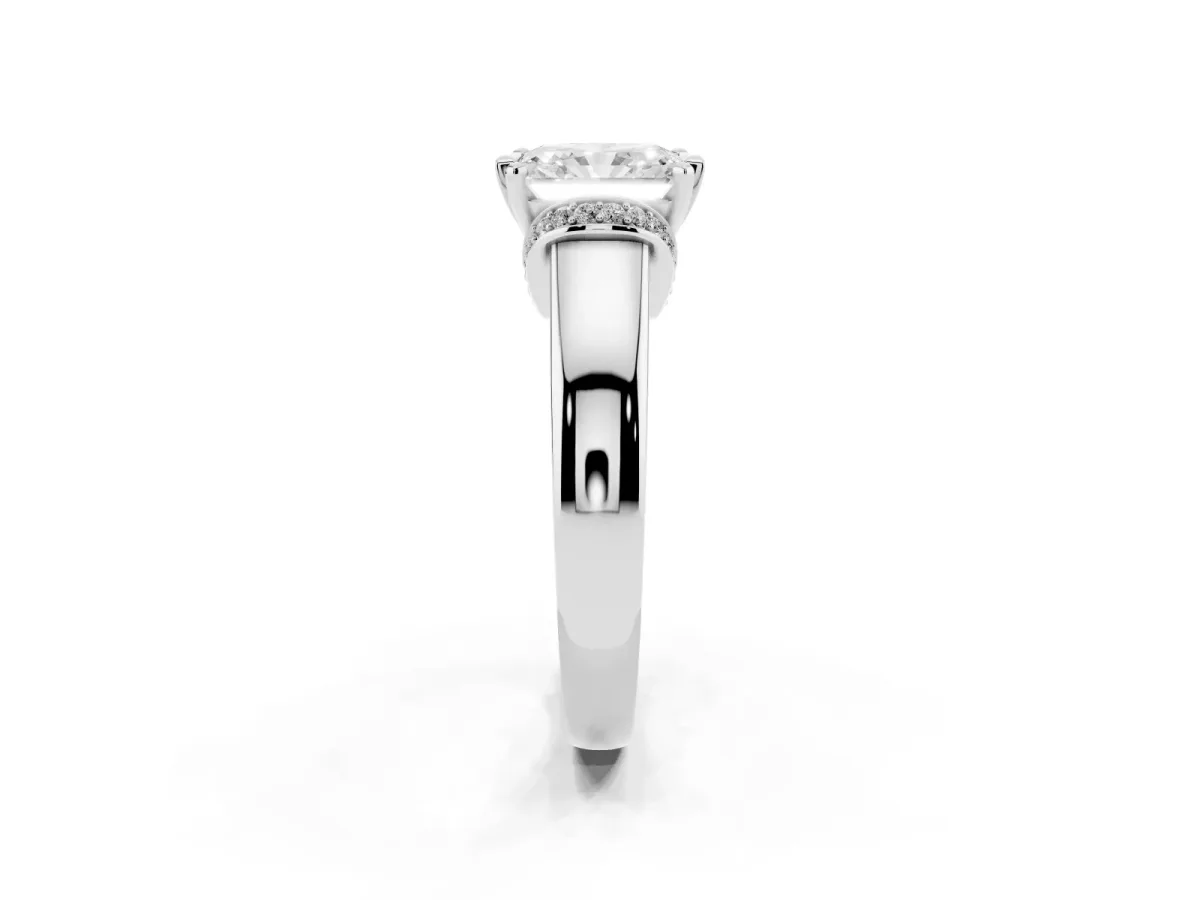 Radiant Cut Solitaire Diamond Ring with Pave Band and Six-Prong Setting Silver