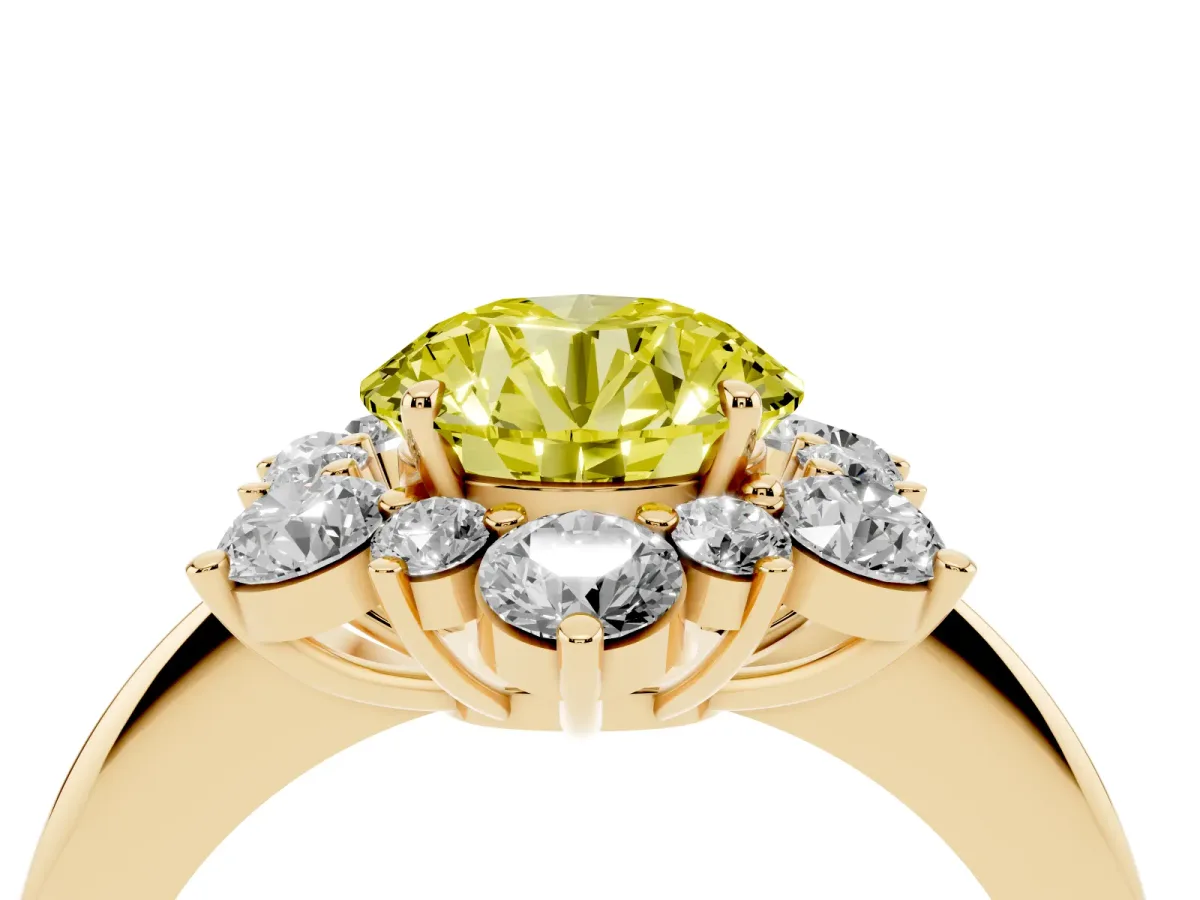 Fancy Yellow Round Cut Diamond Cluster Halo Ring with Solitaire Band and Four-Prong Setting Yellow gold