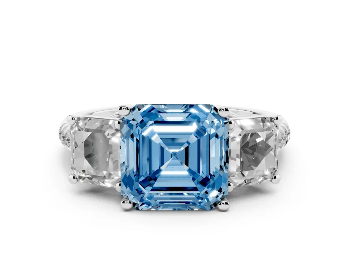 Fancy Blue Three-Stone Asscher Cut Diamond Ring with Round Pavé Band and Prong Setting Silver