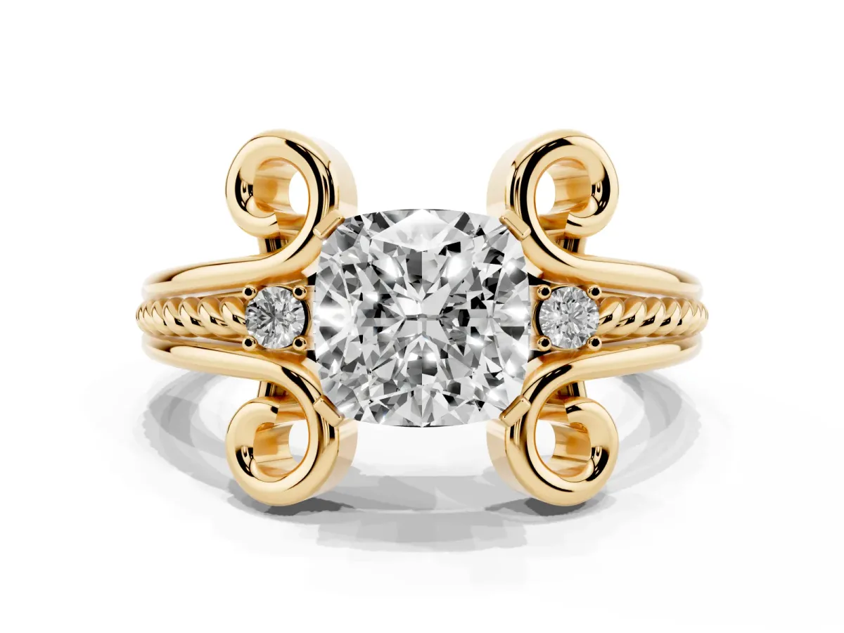 Cushion Cut Solitaire Twisted Band Scroll Prong Ring Yellow gold