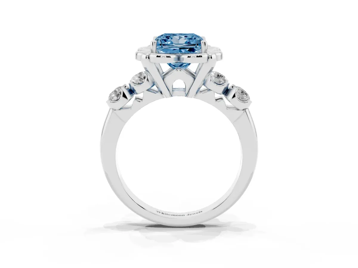 Fancy Blue Princess Cut Cut Diamond Floral Halo Engagement Ring with Shared Prong Setting Silver