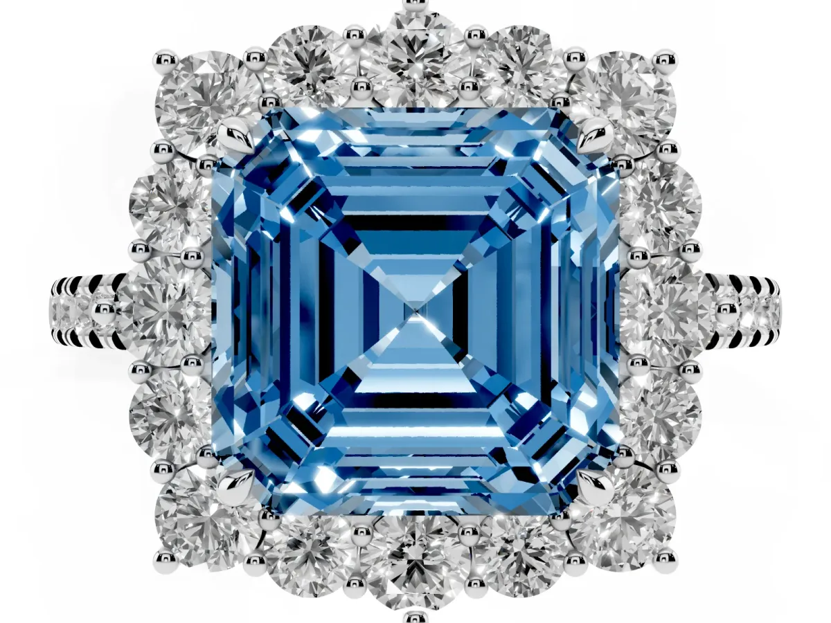 Fancy Blue Asscher Cut Halo Diamond Ring with Pavé Band and Prong Setting Silver