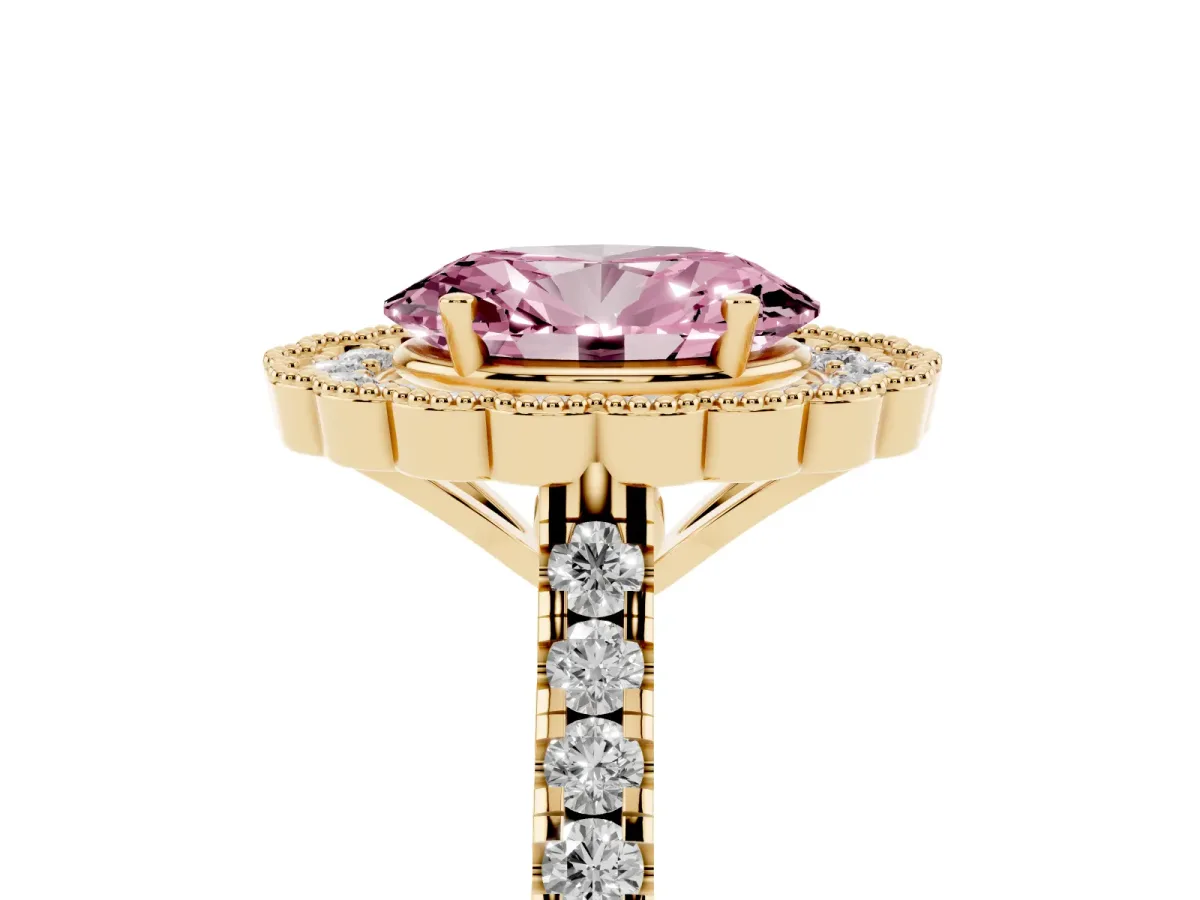 Fancy Pink Oval Cut Cut Diamond Milgrain Floral Halo Engagement Ring with Pavé Band Yellow gold