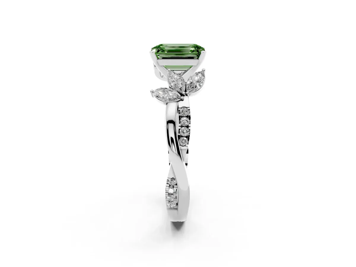 Fancy Green Emerald Cut Diamond Floral Vine Solitaire Engagement Ring Platinum