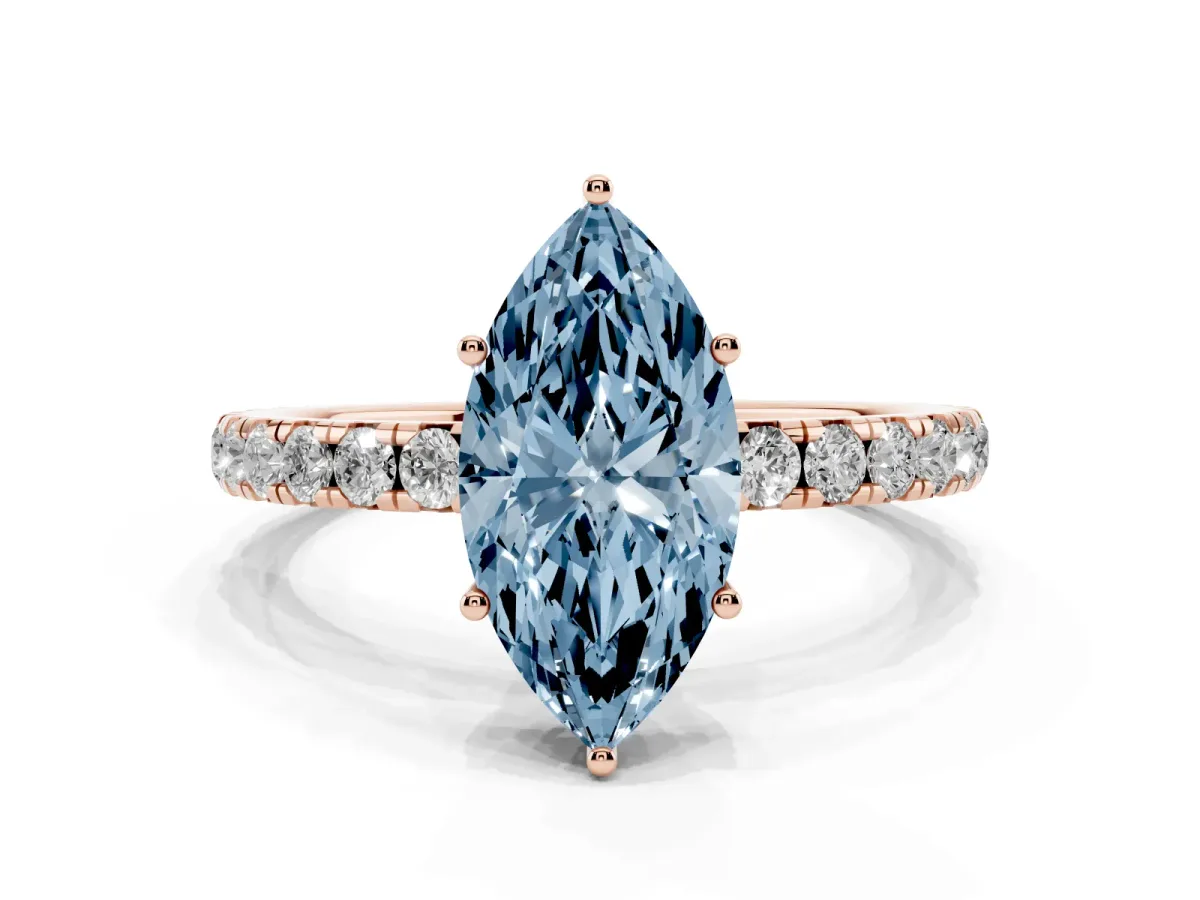 Fancy Blue Marquise Cut Diamond Pavé Solitaire Engagement Ring with Four-Prong Setting Rose gold