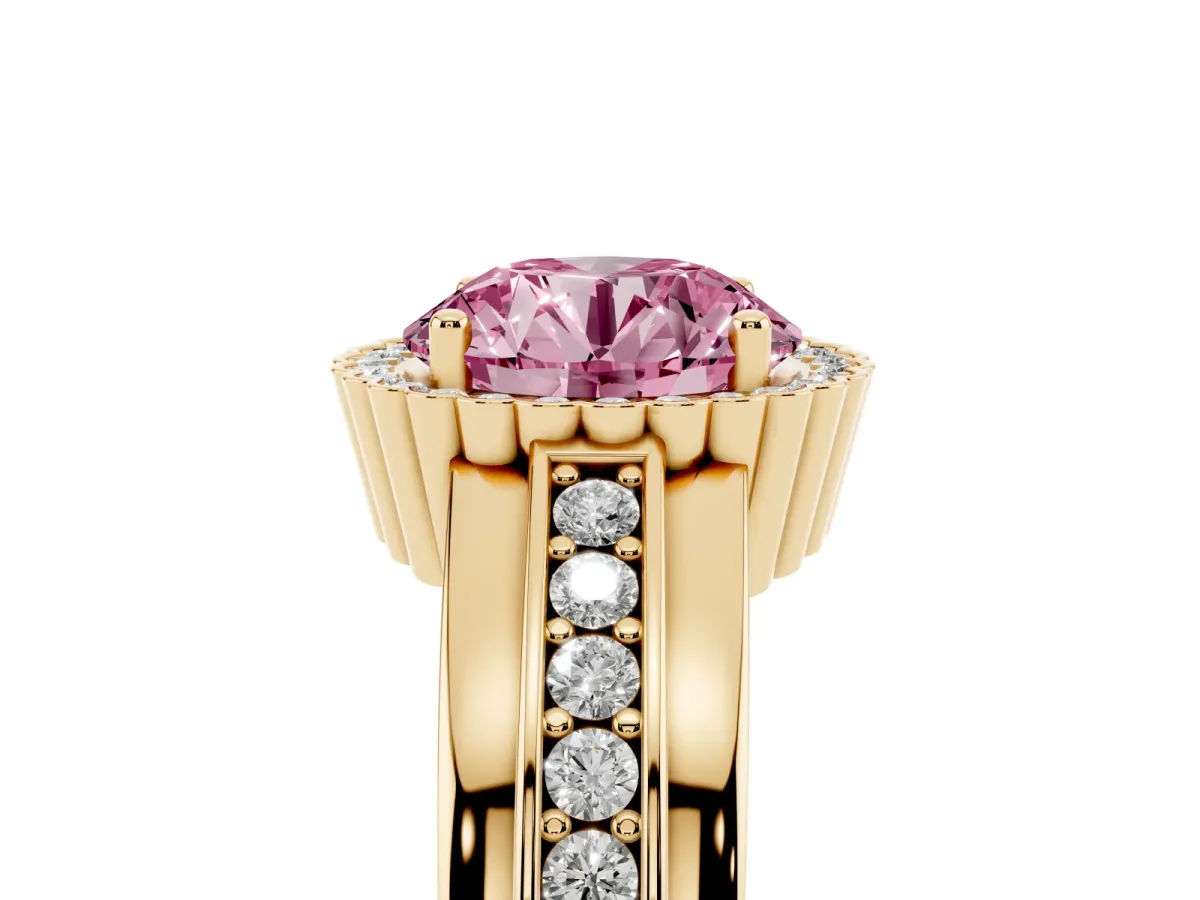 Fancy Pink Round Cut Cut Halo Pave Band Four-Prong Ring Yellow gold