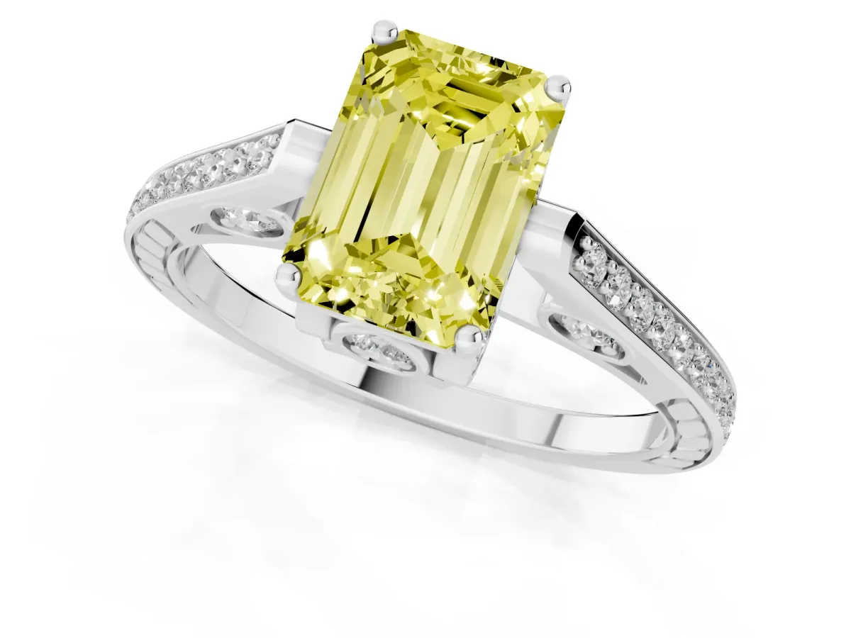 Fancy Yellow Emerald Cut Cut Cathedral Pave Diamond Engagement Ring with Six-Prong Setting Platinum