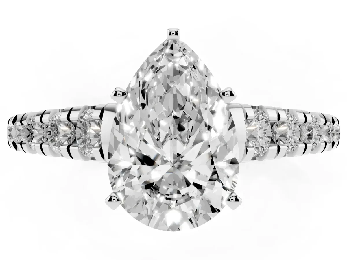 Pear Cut Diamond Cathedral Solitaire Ring with Round Pavé Band Platinum