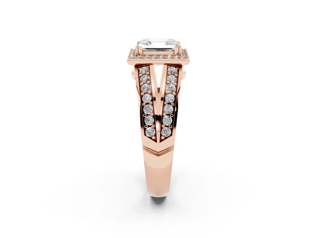 Asscher Cut Diamond Halo Ring with Split Shank Pavé Band and Four-Prong Setting Rose gold