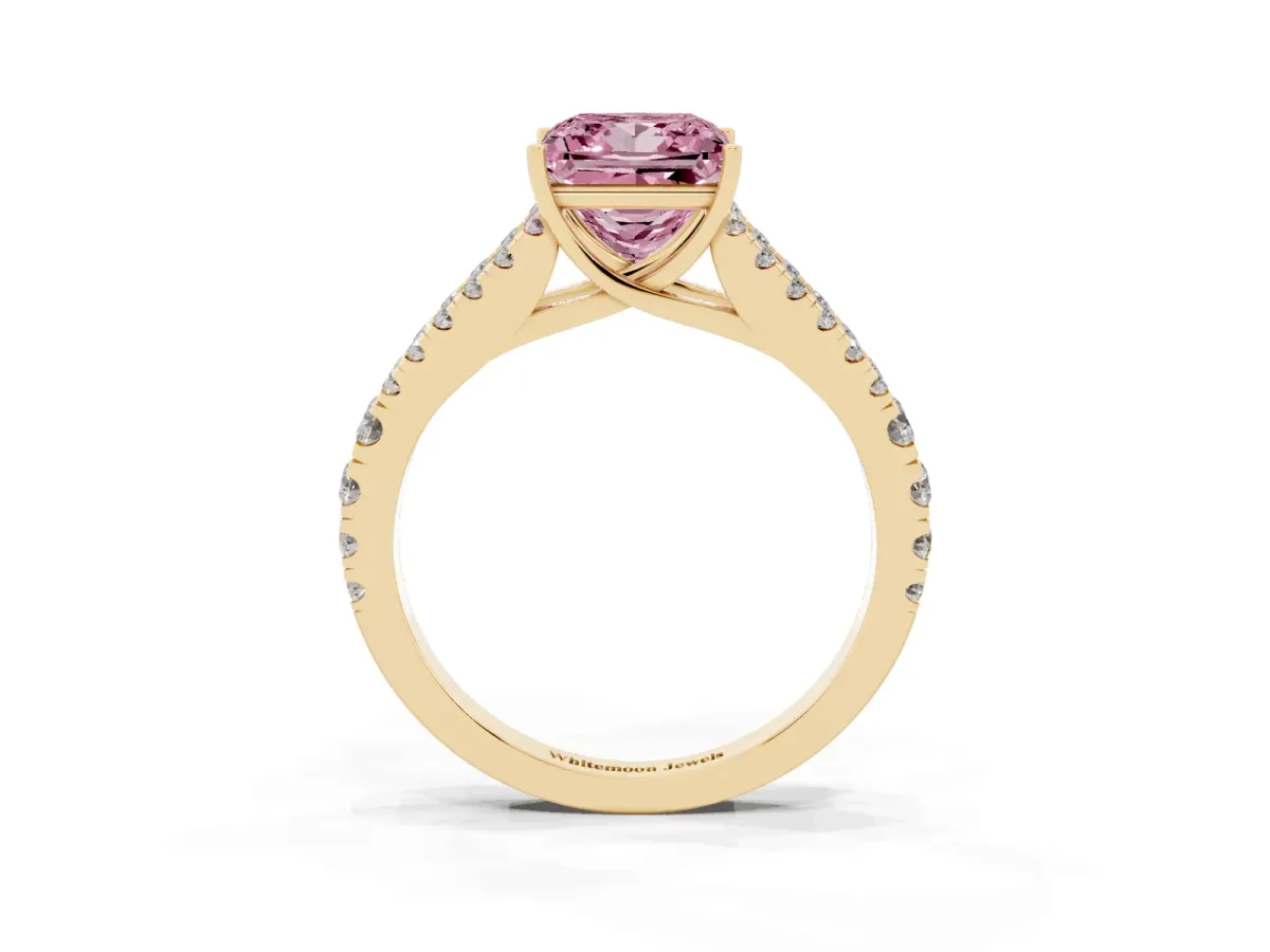 Fancy Pink Princess Cut Diamond Split Shank Engagement Ring with Round Pavé and Prong Setting Yellow gold