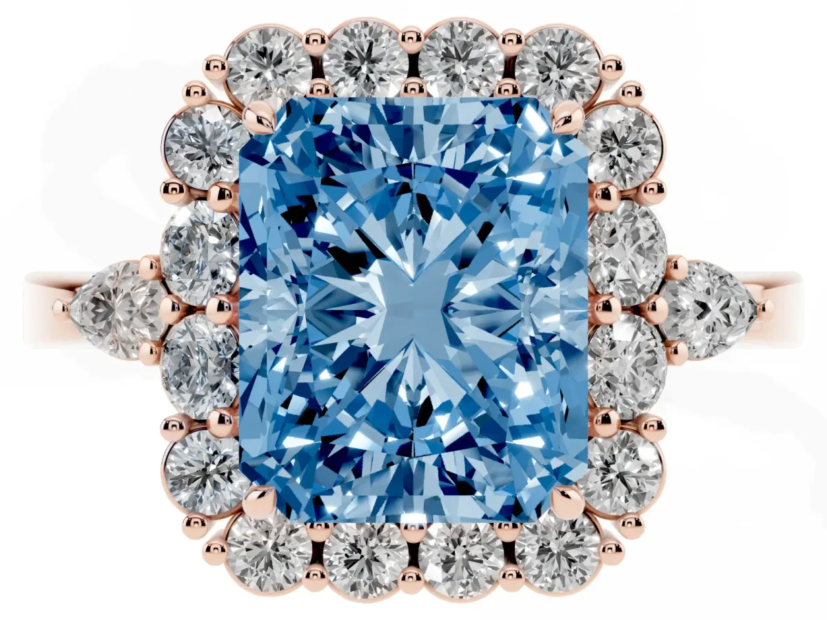 Fancy Blue Radiant Cut Diamond Halo Ring with Pear Side Stones and Prong Setting Rose gold