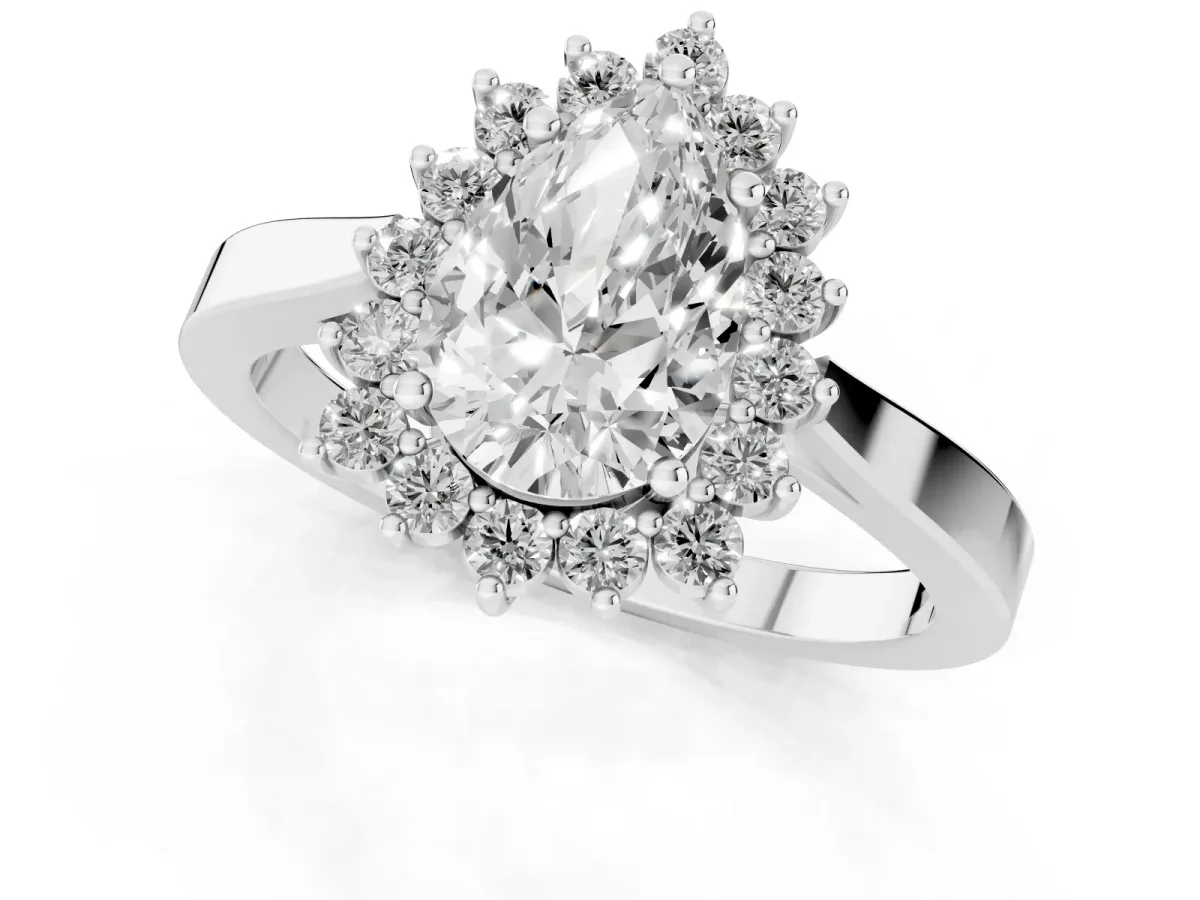 Pear Cut Cut Diamond Halo Ring with Round Brilliant Halo and Solitaire Band White gold