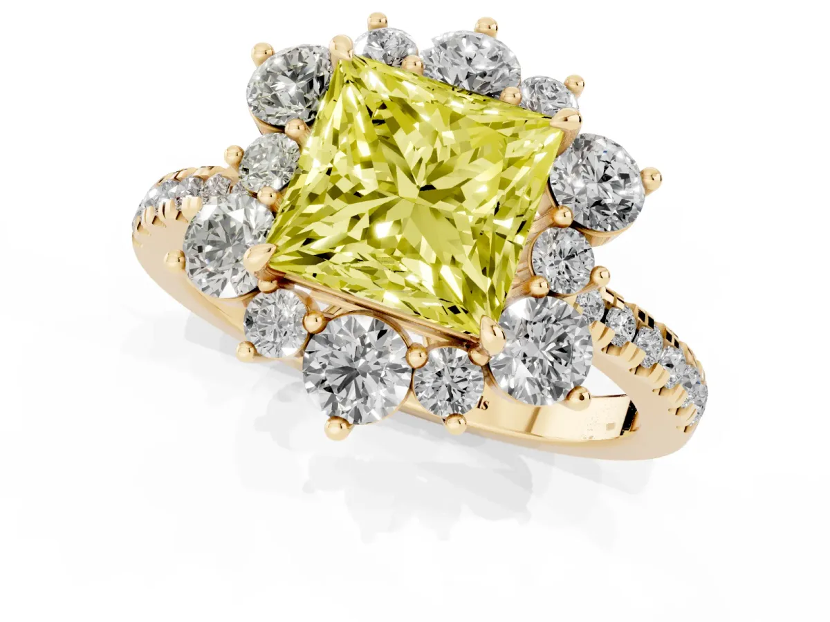 Fancy Yellow Princess Cut Diamond Floral Halo Ring with Round Pavé Band and Prong Setting Yellow gold