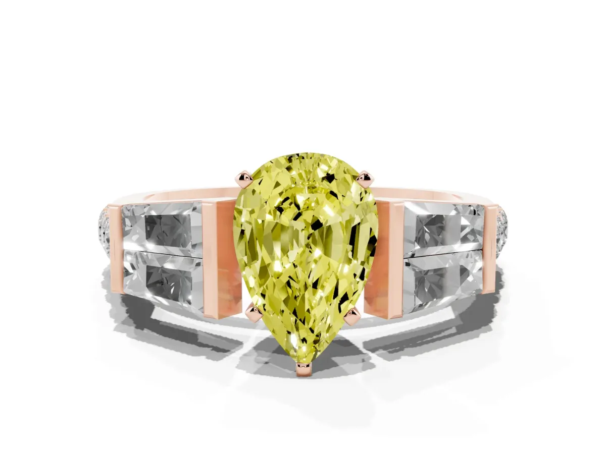 Fancy Yellow Pear Cut Diamond Engagement Ring with Baguette Side Stones and Channel Set Band Rose gold