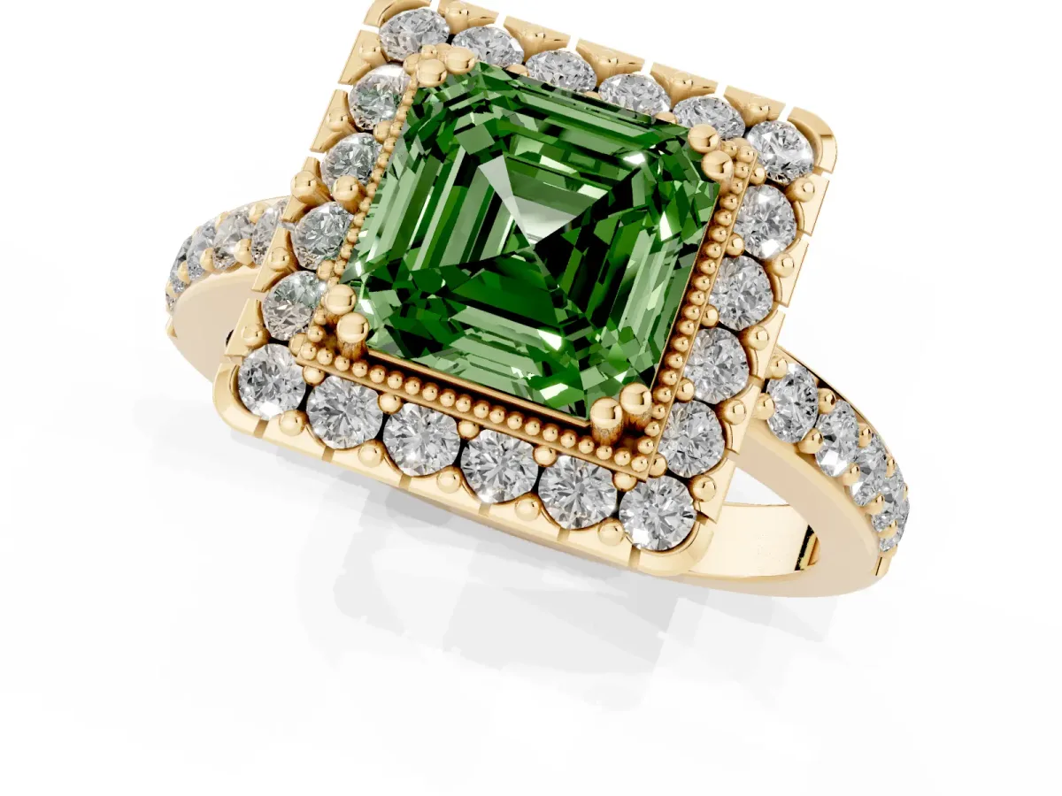 Fancy Green Asscher Cut Diamond Halo Ring with Pavé Band and Prong Setting Yellow gold