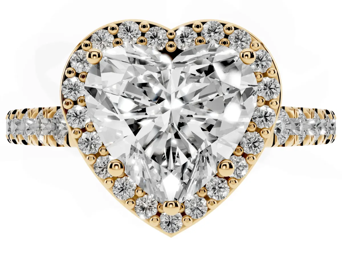 Heart Cut Cut Halo Diamond Engagement Ring with Pave Band and Four-Prong Setting Yellow gold