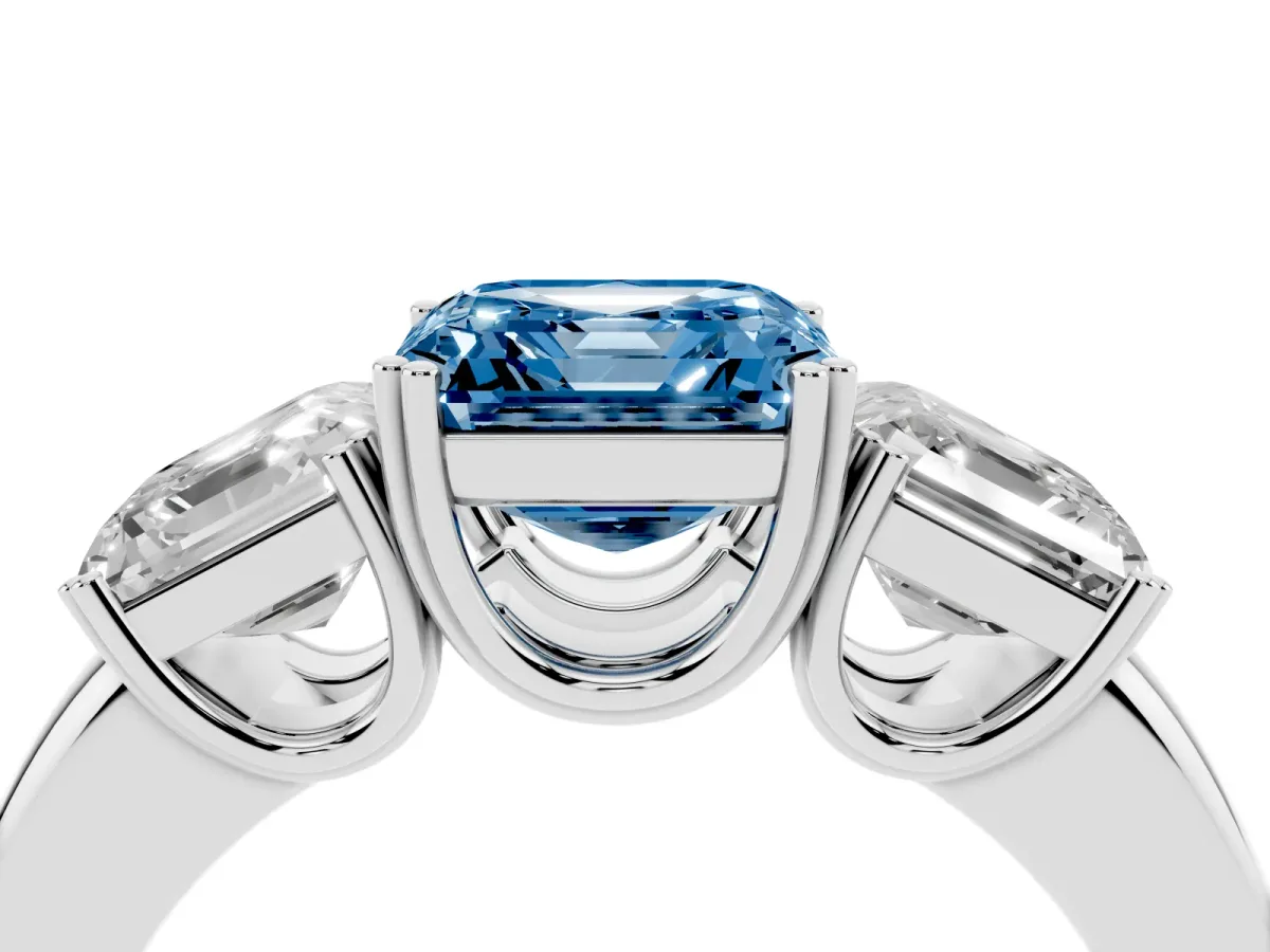 Fancy Blue Three-Stone Asscher Cut Cut Diamond Ring with Channel Set Band and Four-Prong Setting Silver