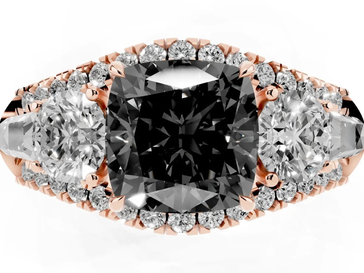 Fancy Black Three-Stone Cushion Cut Diamond Engagement Ring with Pave Band and Prong Setting Rose gold